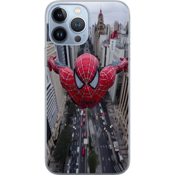 Kompatibelt Mobildeksel til Apple iPhone 13 Pro Max Spiderman flyr over by Marvel-superhelt actionscene bysilhuett dynamisk positur tegneseriehelt rø