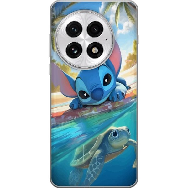 OnePlus 13 Läpinäkyvä kuori Stitch kilpikonnalla - söpö sininen avaruusolento trooppisessa rantaympäristössä Disneyn tapaan