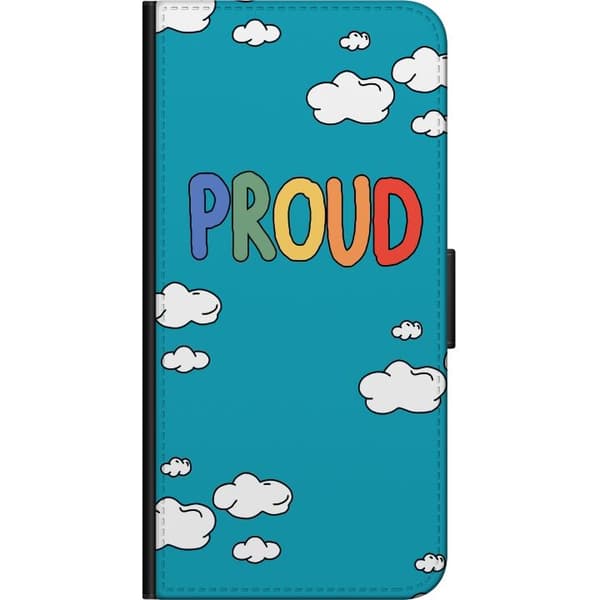 Kompatibel Tegnebogsetui til OnePlus 9 Pro Farverig Proud-tekst med håndtegnede hvide skyer på klarblå baggrund blå