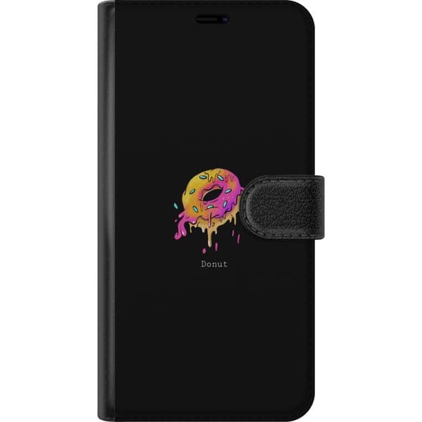 Kompatibel Tegnebogsetui til Apple iPhone 11 Pro Max Farverig illustreret donut med lyserød og gul glasur på sort baggrund sort