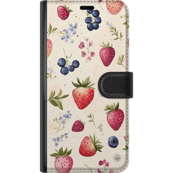 Kompatibel Tegnebogsetui til Apple iPhone SE (2020) Jordbær, blåbær og blomster - bæremønster på beige baggrund beige