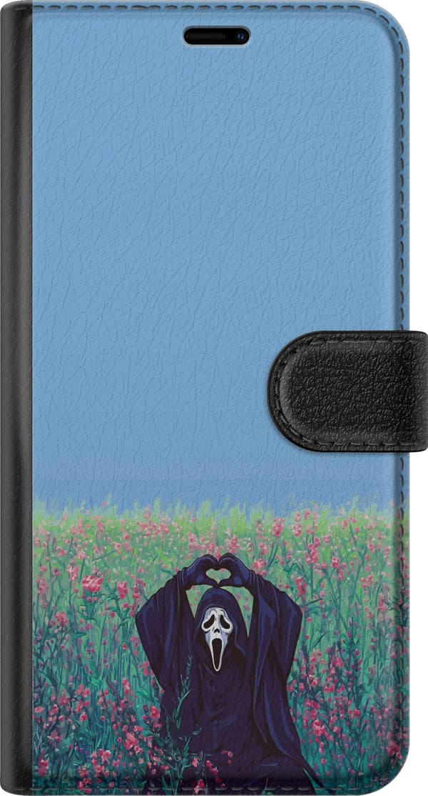 Kompatibel Tegnebogsetui til Apple iPhone X Skrækfigur i sort dragt blandt lyserøde blomster, der former et hjerte med hænderne under en blå himmel blå