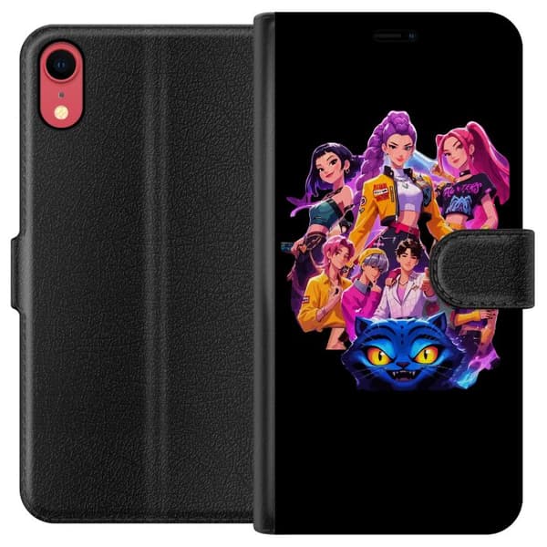 Kompatibel Tegnebogsetui til Apple iPhone XR Sort motiv med farverige animerede popfigurer og neonfarvede detaljer sort