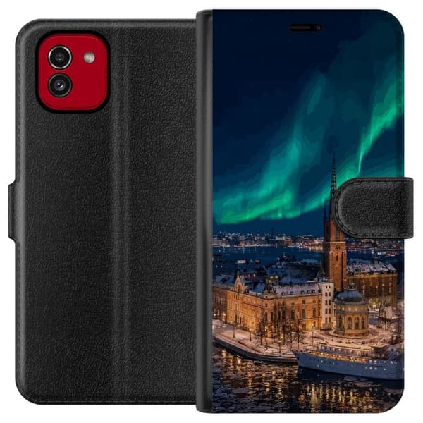 Kompatibelt Plånboksfodral till Samsung Galaxy A03 Norrsken över Stockholm grön
