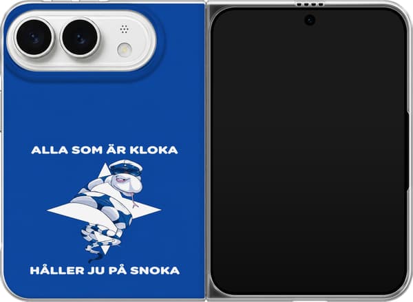 Kompatibelt Mobildeksel til Apple iPhone Duo Blå heiafigur - Hvit tegnet figur og hvitt svensk slagord på blå bakgrunn blå