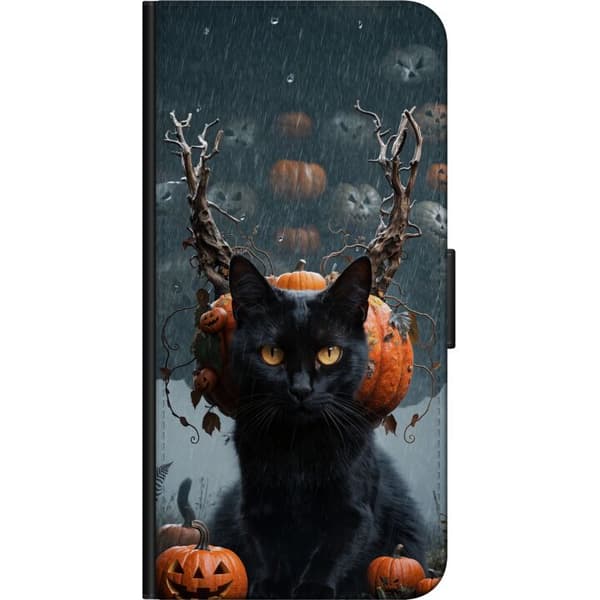 Kompatibel Tegnebogsetui til OnePlus 7 Pro Sort kat med græskar og en uhyggelig Halloween-baggrund i regn sort