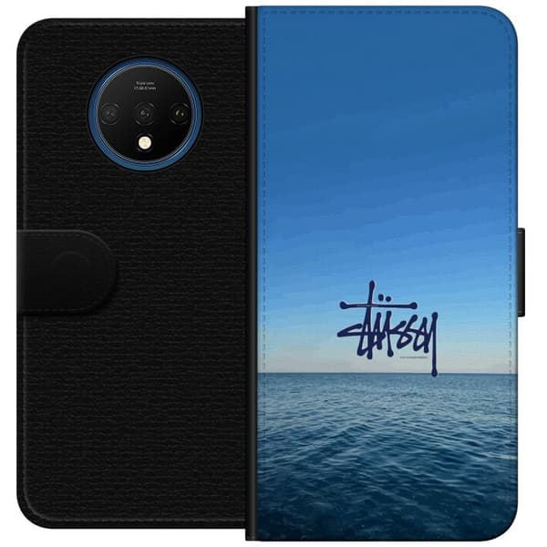 Kompatibelt Lommeboketui til OnePlus 7T Havspanorama med blå himmel og stilig surf-inspirert logo blå