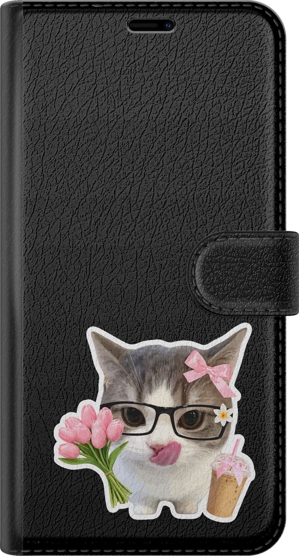 Kompatibelt Plånboksfodral till Apple iPhone 8 Plus Tulpankatt - Grått motiv med katt med glasögon och tulpaner. grå