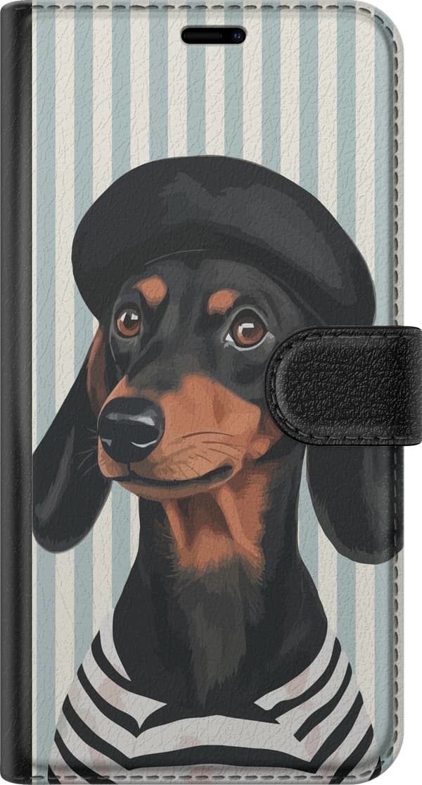 Kompatibel Tegnebogsetui til OnePlus 11 Sortbrun gravhund med sort basker og stribet trøje foran blågråhvide striber grå