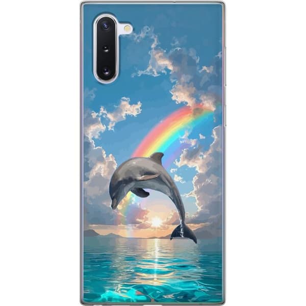 Kompatibelt Mobilskal till Samsung Galaxy Note10 Realistisk delfin framför regnbåge över lugnt hav blå