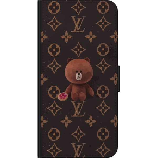 Kompatibel Tegnebogsetui til Samsung Galaxy Alpha Brun bamse med geometriske symboler - bamsemotiv på sort baggrund sort