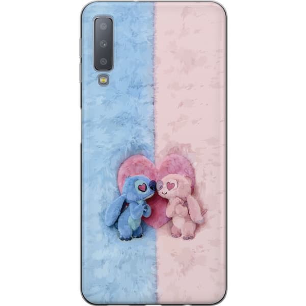 Kompatibel Mobilcover til Samsung Galaxy A7 (2018) Søde blå og lyserøde figurer foran et stort lyserødt hjerte pink