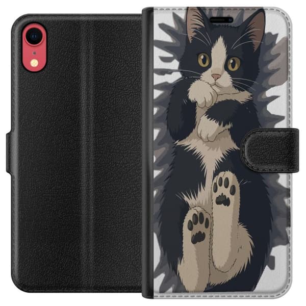 Kompatibel Tegnebogsetui til Apple iPhone XR Illustreret sort-hvid kat med synlige poter og store gule øjne sort
