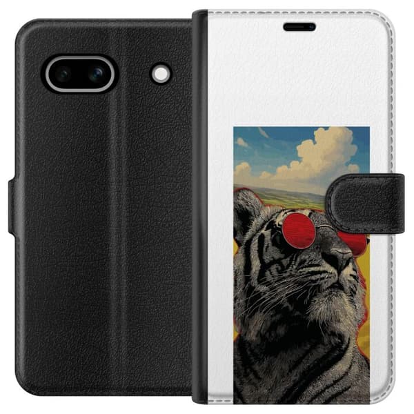 Kompatibelt Lommeboketui til Google Pixel 7a Cool tiger med røde solbriller i popkunststil grå
