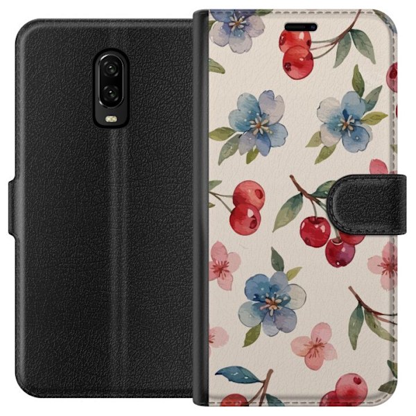 OnePlus 6T Tegnebogsetui Bær & Blomster - mønster med blå b