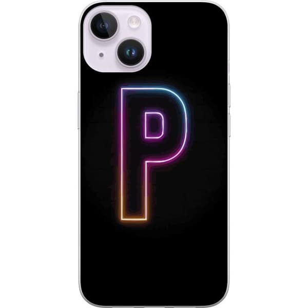 Kompatibel Mobilcover til Apple iPhone 14 Minimalistisk neonbogstav P i farvegradient og lyseffekt mod sort baggrund i digital neonstil