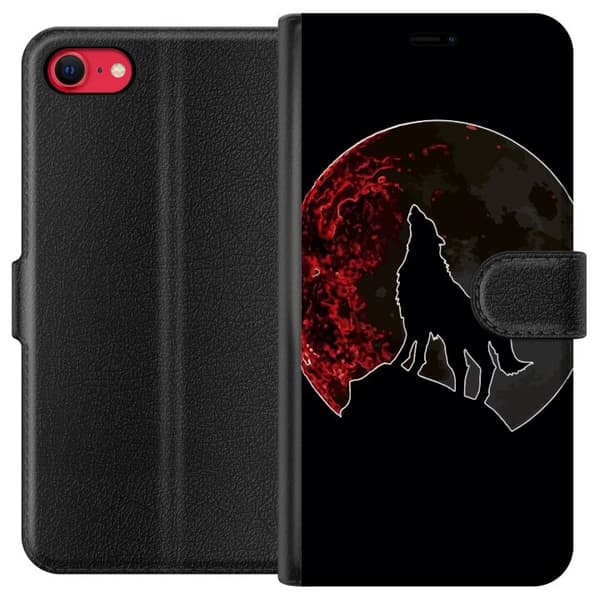 Kompatibel Tegnebogsetui til Apple iPhone 8 Sort silhuet af en hylende ulv foran en dramatisk rød måne mod sort baggrund sort