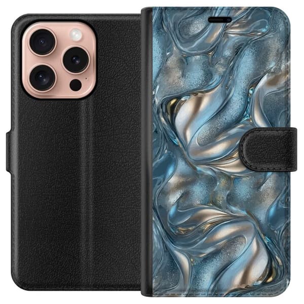 Kompatibel Tegnebogsetui til Apple iPhone 16 Pro Abstrakt flydende krom i sølv og blå metallisk effekt sølv