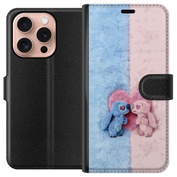 Kompatibel Tegnebogsetui til Apple iPhone 16 Pro Søde blå og lyserøde figurer foran et stort lyserødt hjerte pink
