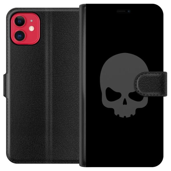 Kompatibel Tegnebogsetui til Apple iPhone 11 Enkel dødningehoved i grå tone mod sort baggrund, elegant og moderne design