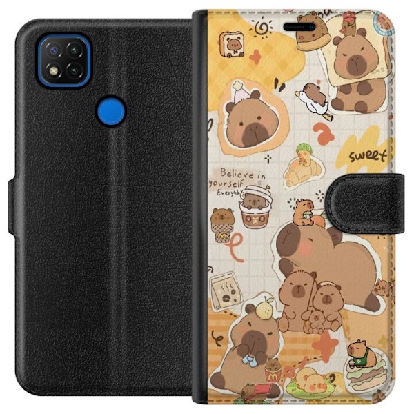 Xiaomi Redmi 9C Plånboksfodral Kawaii capybara mobilskal med gulliga djurmotiv
