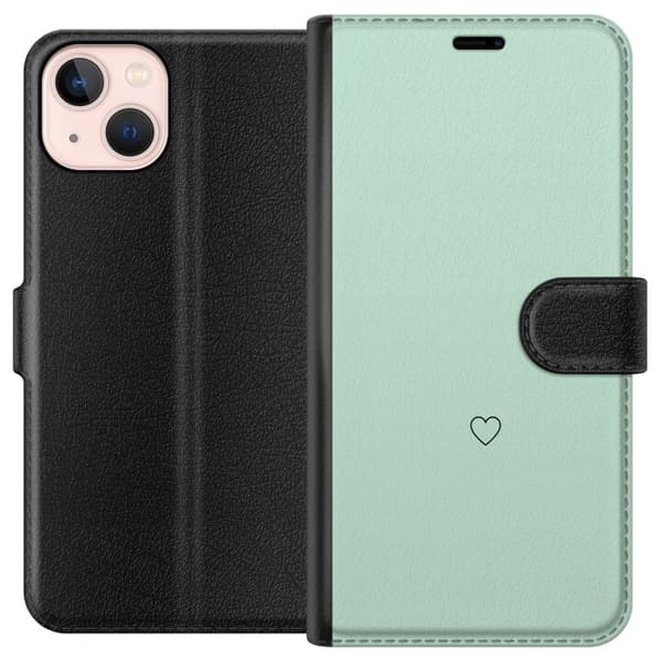 Kompatibel Tegnebogsetui til Apple iPhone 13 mini Minimalistisk sort hjerte på ensfarvet mintgrøn baggrund grøn