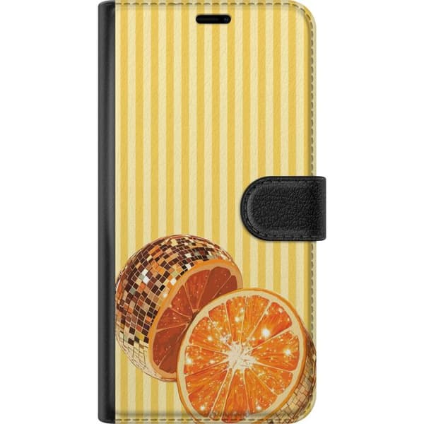 Kompatibel Tegnebogsetui til Apple iPhone 13 mini Glitrende appelsinskiver og discokugle mod gulstribet retrobaggrund gul