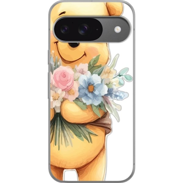 Google Pixel 9 Pro Gennemsigtig cover Nalle Puh med blomster - klassisk børnefavorit i en blomstrende forårs miljø