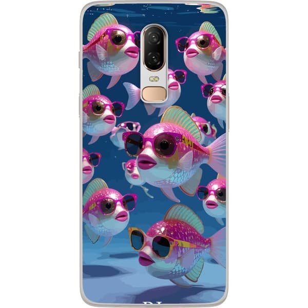 Kompatibelt Mobildeksel til OnePlus 6 Fiskar med solglasögon blå