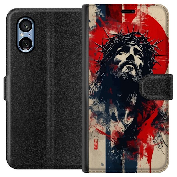 Sony Xperia 5 V Lompakkokotelo Jeesus ristillä - kristillinen aihe vahvalla symboliikalla uskosta ja toivosta