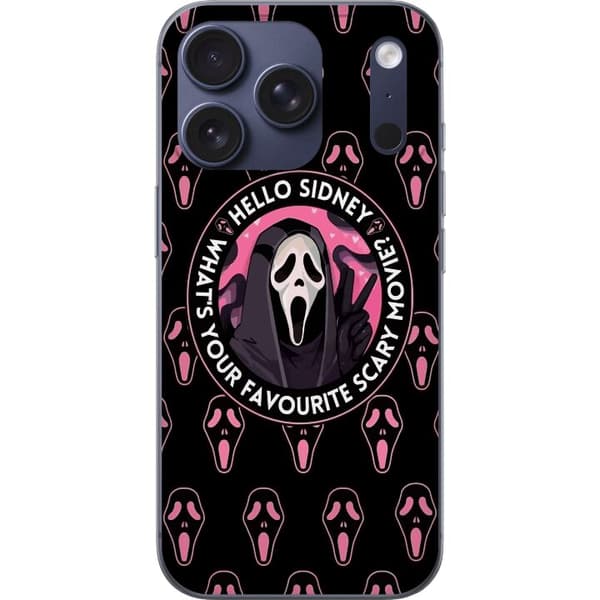Kompatibel Mobilcover til Apple iPhone 18 Pro Sort og rosa skrækmotiv med maskerede figurer og teksten Hello Sidney sort