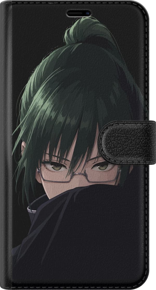 Kompatibel Tegnebogsetui til Apple iPhone 5 Mørkhåret animefigur med briller og opslået sort krave på sort baggrund sort
