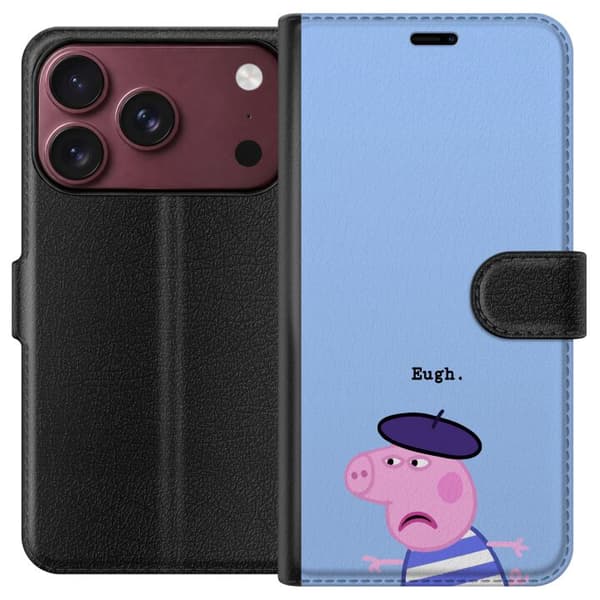 Kompatibel Tegnebogsetui til Apple iPhone 18 Pro Max Peppa Pig-motiv med lilla basker, stribet trøje og teksten Eugh på lyseblå baggrund blå