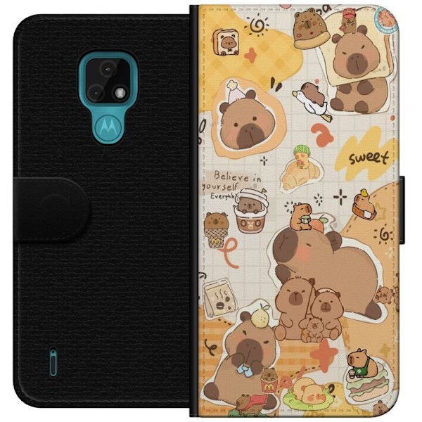 Motorola Moto E7 Tegnebogsetui Kawaii capybara mobilskal med gulliga djurmotiv