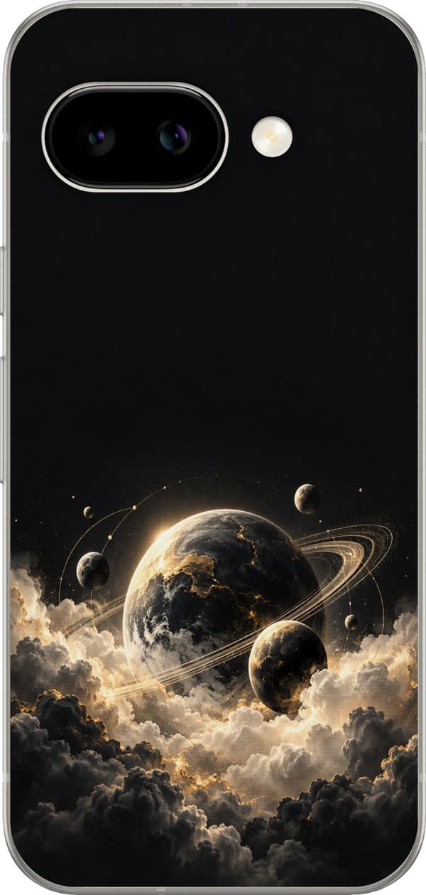 Kompatibelt Mobildeksel til Google Pixel 10a Verdensrommet – Planeter blant lyse skyer – Stor planet med ringer og mindre planeter blant beige skyer svart