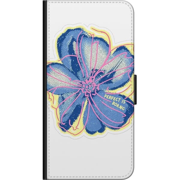 Kompatibel Tegnebogsetui til Xiaomi Redmi Note 8 Pro  Stor blå blomst med lyserøde konturer, gule detaljer og teksten Perfect Is Boring blå