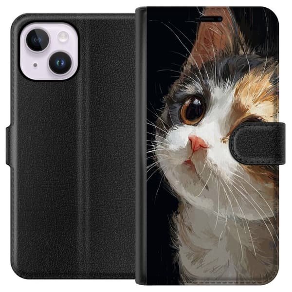 Kompatibel Tegnebogsetui til Apple iPhone 14 Plus Kunstnerisk portræt af trefarvet kat med store brune øjne mod sort baggrund sort