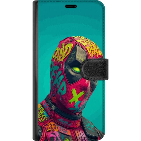 Kompatibel Tegnebogsetui til Apple iPhone 13 mini Maskeret figur i rødt med farverige graffitilignende detaljer mod turkis baggrund rød