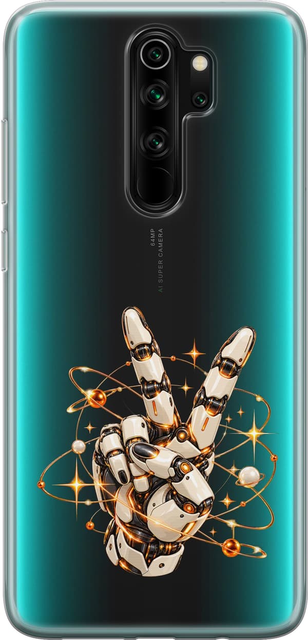 Kompatibelt Mobildeksel til Xiaomi Redmi Note 8 Pro  Lys robothånd med to fingre i V-tegn blant gullfargede ringer og stjerner gull