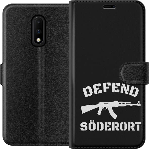 Kompatibel Tegnebogsetui til OnePlus 7 Sort Söderort - hvidt områdeslogan og hvid våbensilhuet på sort baggrund sort