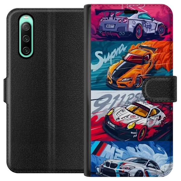 Sony Xperia 10 IV Lompakkokotelo Nopeat Autot - Piirretty Kuvio Toiminnalla