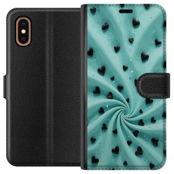 Kompatibel Tegnebogsetui til Apple iPhone XS Max Turkis hvirvelbaggrund med sorte hjerter og glitrende stjerner turkis