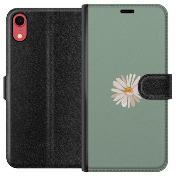 Apple iPhone XR Plånboksfodral Grön Minimalblomma – stilren blomma på grön bakgrund