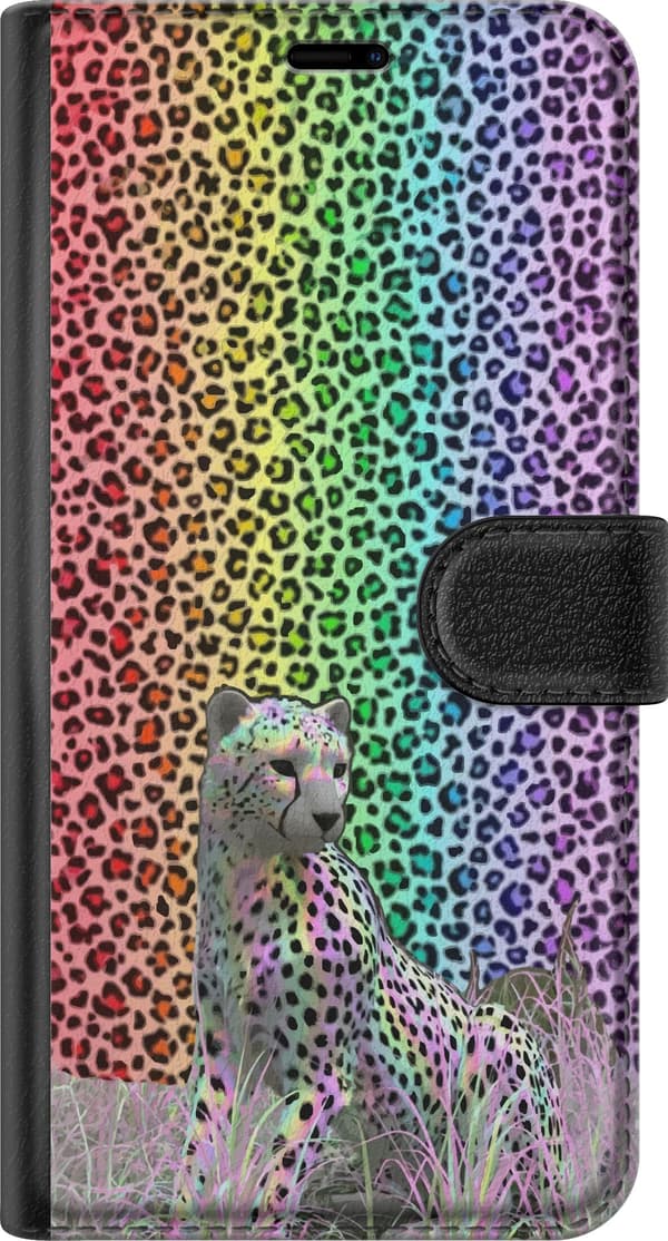 Kompatibel Tegnebogsetui til Apple iPhone 12 Pro Farverig leopard i regnbuens farver mod en matchende leopardmønstret baggrund flerfarvet