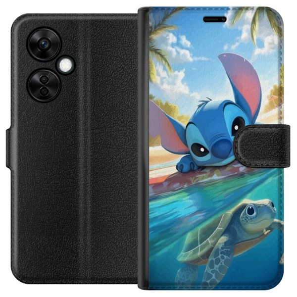 OnePlus Nord CE3 Plånboksfodral Stitch med sköldpadda – söt blå alien i tropisk strandmiljö från Disney