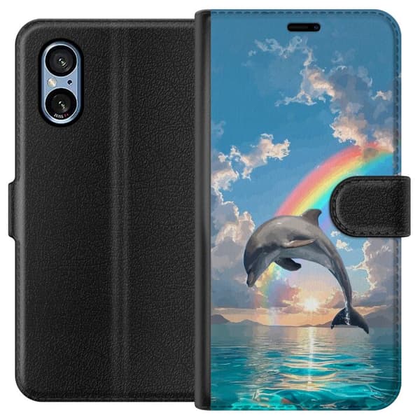 Kompatibelt Plånboksfodral till Sony Xperia 10 VI Realistisk delfin framför regnbåge över lugnt hav blå