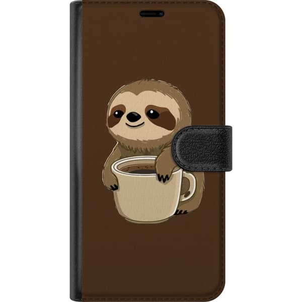 Kompatibelt Plånboksfodral till Apple iPhone 17 Pro Max Söt tecknad sengångare som håller en kopp kaffe på brun bakgrund