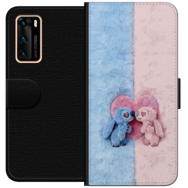 Kompatibel Tegnebogsetui til Huawei P40 Søde blå og lyserøde figurer foran et stort lyserødt hjerte pink