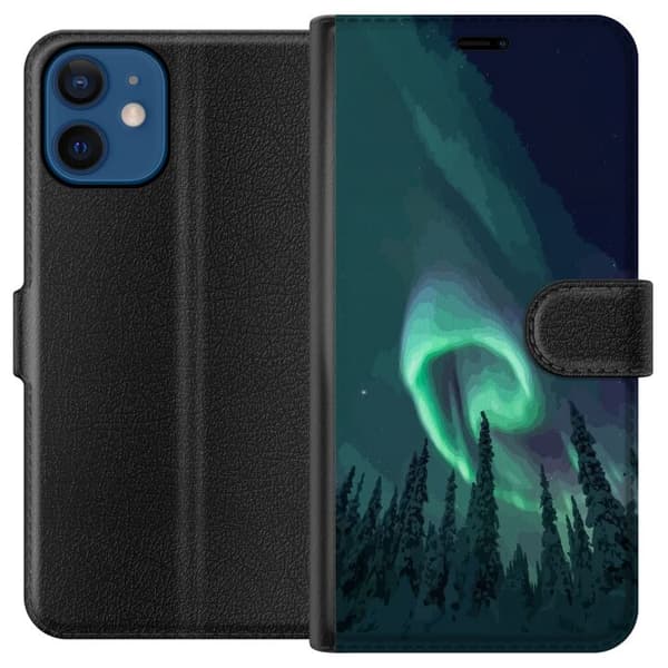 Kompatibelt Plånboksfodral till Apple iPhone 12 Norrsken över vinterlandskap grön