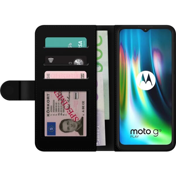 Kompatibel Tegnebogsetui til Motorola Moto G9 Play Pause text sort